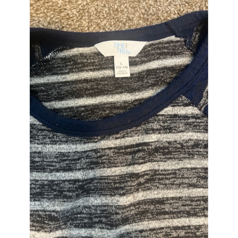 Time and Tru Striped Raglan Sleeve Pullover Sweatshirt Top Womens Navy White - Picture 2 of 2
